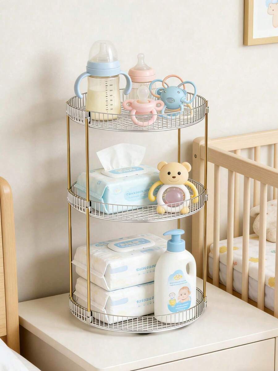 Baby Nursery Storage Rack, 3-Tier Rotating Organizer For Bottles, Wipes, Diapers & Baby Essentials, Space-Saving Countertop Storage Shelf - Multicolor - View 1