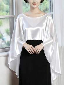 1件亮面婚禮披肩，女士禮物晚禮服披肩圍巾，柔軟伴娘披肩，抗皺短前長後，純色雪紡披肩，婚禮罩衫，不對稱披肩，多功能罩衫，適用伴娘 - 酒紅色 - 查看 10