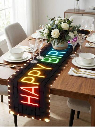 1pc Rainbow Neon Happy Birthday Lettering & Brick Wall Pattern Table Runner, Modern Cyberpunk Style Premium Polyester Rectangular High Definition Glowing Light Bulb Border Effect Washable Reusable Protective Dining Tablecloth Decorative Centerpiece For Kids Adults Birthday Party, Surprise Event, Dessert Table Backdrop Decor, Home Kitchen Dining Room Celebration, Indoor Outdoor Banquet Event, Anniversary Festival, Holiday Buffet, All Seasons Photo Prop Table Cover.