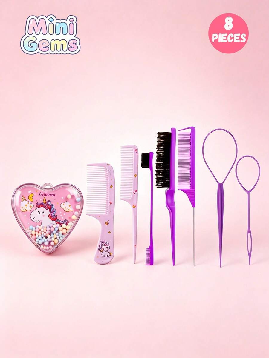 2pcs Heart Shaped Cartoon Pony Hairdressing Tool Set - Including Cartoon Comb, Damaged Comb, Edge Brush, Tail Comb And Weaving Tools, Suitable For All Hair Types - Multicolor - View 1