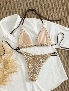 Women's Spring/Summer Jacquard Fabric Triangle Halter Bikini 2-Piece Set, Ideal For Island Vacation & Swimming - Khaki - View 3