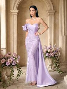 VIPGIRL Elegant Luxury Lilac Strapless Evening Gown, One Shoulder Ruffle, Embellished With Sequins And Tulle Ruffles, Mermaid Silhouette With Luxurious Satin Train, Suitable For Galas, Weddings, Red Carpet Events, Anniversary Celebrations And Other Formal Occasions - Mauve Purple - View 3