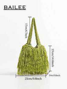 BAILEE Fashion Casual Tassel Edge Solid Color Crochet Shoulder Bag, Handmade, Foldable And Portable, Suitable For Matching Outfits And As A Gift - Multicolor - View 12