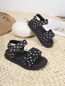 1 par de sandalias planas de suela gruesa para niños en verano, diseño de lunares con cierre de gancho y bucle, sandalias de princesa para exteriores - Negro - Ver 6