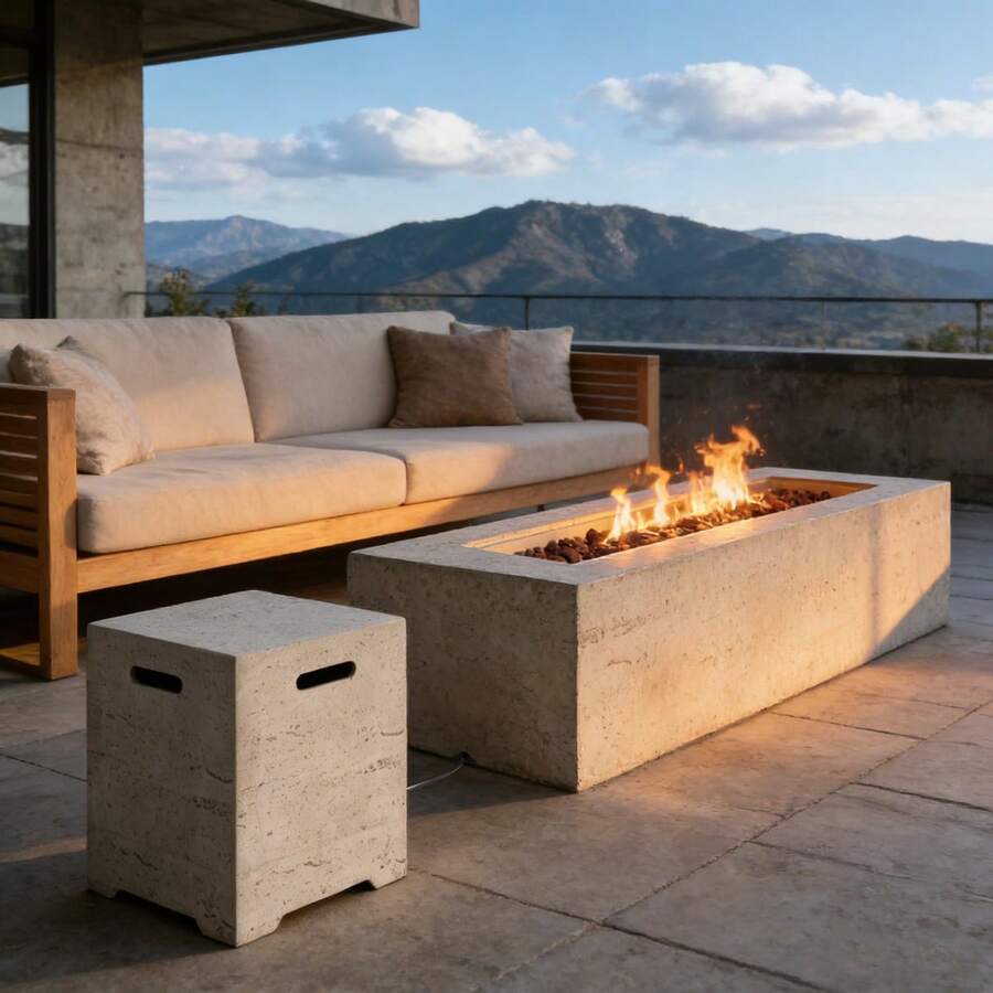 U_STYLE 2-In-1 Outdoor Fire Pit & Propane Tank Stand Set,41.9''Outdoor Rectangular Propane Fire Pit 40000 BTU With 15.75''MGO Propane Tank Cover Table Suitable For Courtyard,Lawn,Patios, Decks. - Beige+Grey + Light Gray + Magnesium Oxide - View 1