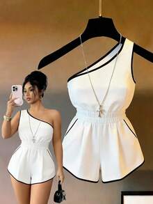 Women's New Halter Neck Criss-Cross Trim Fitted Bodysuit, Minimalist Versatile,White Top, Bodysuit White One Piece Bodysuit ,Leotard,Suitable For Work Commuting With An Intellectual VibeSummer ,Summer Holiday Outfits,Spring, Spring Outfit Women,Beach,Birthday,Birthday Dress,Going Out, Vacation,Casual,Y2k,Graduation Season Attire, Versatile And Stylish Everyday Casual Wear White Halter Bodysuit Halter Leotard,Black And White Color-Blocked, One-Shoulder, Color-Blocked, Fitted Waist, Stylish And Elegant Wide-Leg Sleeveless Jumpsuit For Women. White Jumpsuit, Suitable For Everyday Wear, Outings, White Top, White Pants, Women's Casual Wear, Summer Outfits, Summer Holiday Wear. - Blanco - Ver 3