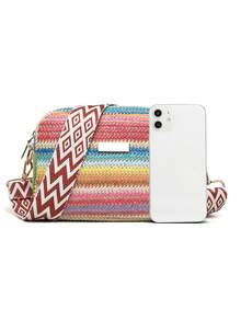 Geantă de umăr din paie pentru femei, nouă, versatilă, portabilă zilnic, din paie, design în culori contrastante cu curea în stil boem, poate fi purtată pe umăr sau crossbody, depozitare convenabilă - Multicolor - Vizualizare 4