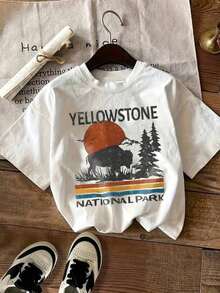 1pscCamiseta vintage de mujer con estampado del Parque Nacional de , estilo estadounidense retro, de escenario natural, camiseta de manga corta y cuello redondo, adecuada para vacaciones de verano y uso casual diario100% Cotton - Negro - Ver 3