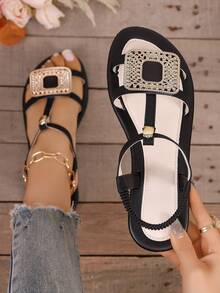Sandal đế bằng thanh lịch cho bé gái tuổi teen, đính đá lấp lánh hình vuông, quai ngang co giãn, kiểu dáng thường ngày, thích hợp cho mùa hè. - màu đen - Xem 8
