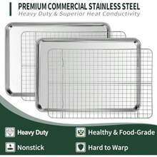 Juego de bandeja de cuarto con estante de refrigeración [2 bandejas para hornear + 2 estantes para hornear] hojas de galletas de acero inoxidable CEKEE para hornear y rejilla de alambre resistentes al óxido y a la deformación y antiadherente tamaño 12 x 9.8 x 1 pulgada - Plateado - Ver 4