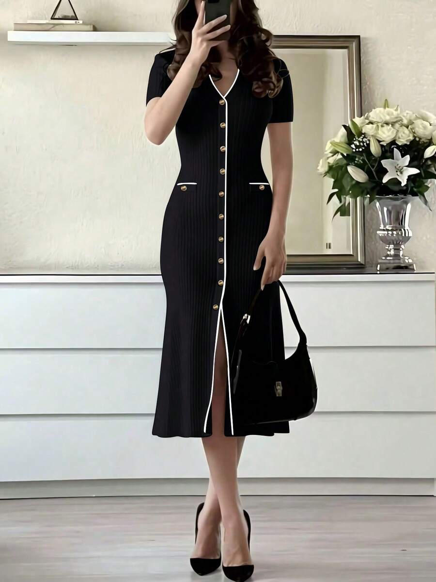 Đầm dệt kim nữ mùa hè mới, thanh lịch, giản dị, tinh tế với viền tương phản, đầm ôm dáng màu trơn xẻ tà, trang phục công sở thời trang, phong cách retro, thời trang đường phố nữ, trang phục đi nghỉ mát màu đen. - màu đen - Xem 1