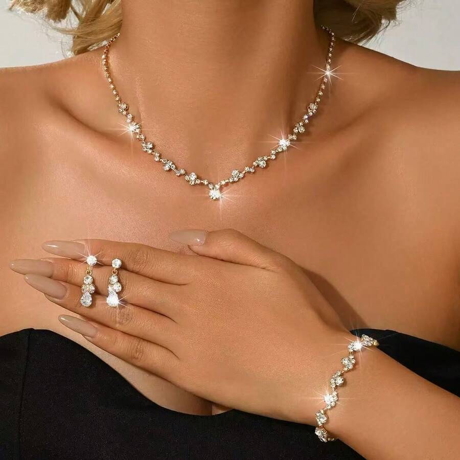 4 Pcs Exquisite Claw Chain Necklace Zirconia Earrings Bracelet Multi-Piece Se - Silver - View 1