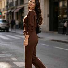 Women's Knitted Set: Blouse And Shaping Pants, Comfortable And Versatile For Everyday Wear - Coffee Brown - View 2