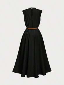 Vestido sin mangas de unicolor (con cinturón) para la temporada de regreso a clases - Negro - Ver 2