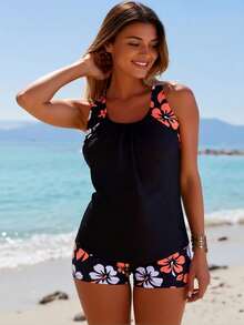 2026 New Women's Tankini: Black With Tropical Floral Print Tank Top And Boyleg Bottoms - màu đen - Xem 3