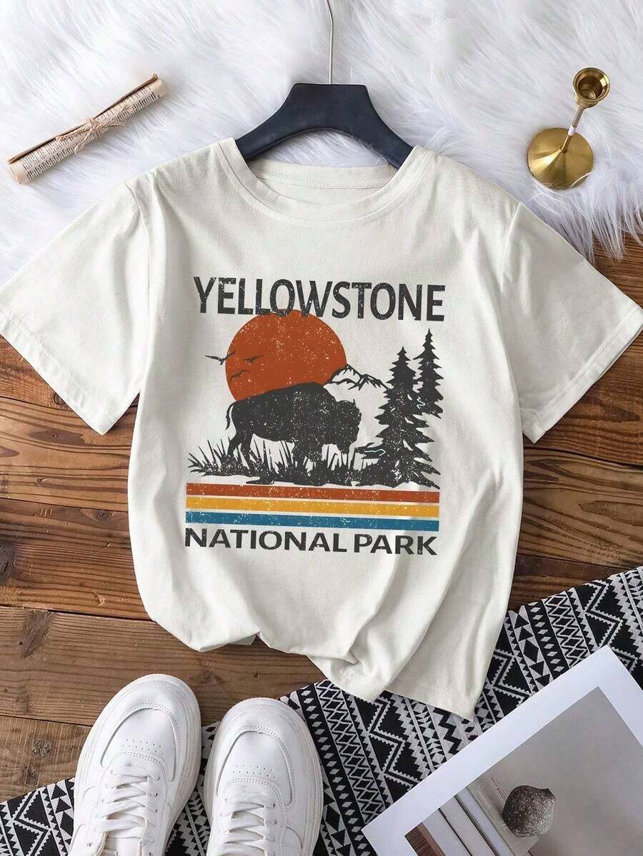 1pscCamiseta vintage de mujer con estampado del Parque Nacional de , estilo estadounidense retro, de escenario natural, camiseta de manga corta y cuello redondo, adecuada para vacaciones de verano y uso casual diario100% Cotton - Negro - Ver 1