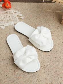 1 Pair Plus Size Women's Flat Slippers, Solid Color Silk Bow Sparkling Rhinestone Round Toe Cute Roman Style Sandals, Suitable For Vacation, Casual, Party, Summer Beach - White - View 3