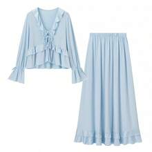 Nuevo conjunto romántico de estilo francés con top de volantes en capas y falda larga con cordones. - Como se muestra en la figura - Ver 1