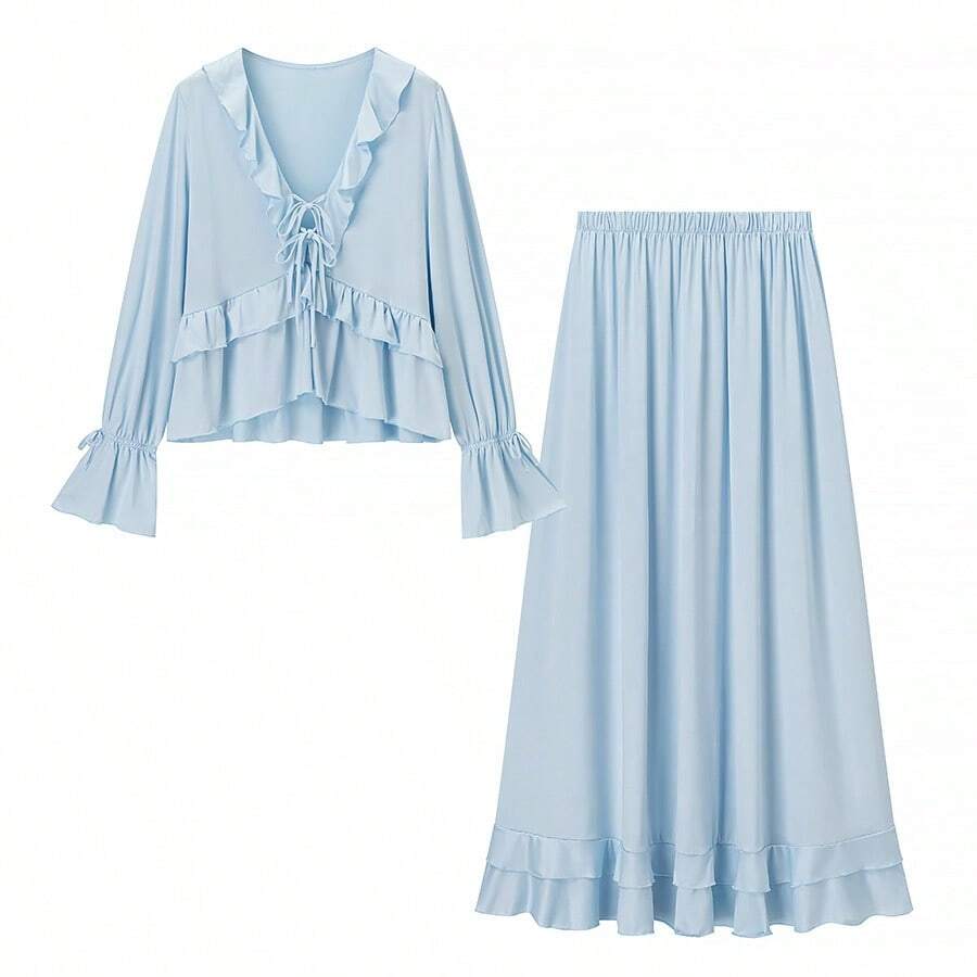 Nuevo conjunto romántico de estilo francés con top de volantes en capas y falda larga con cordones. - Como se muestra en la figura - Ver 1