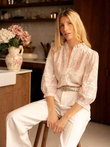 Women's Elegant Ruffle Collar Floral Print Blouse, 3/4 Sleeve, Pink, Vacation Style, Embroidered Trim Collar - Pink - View 1