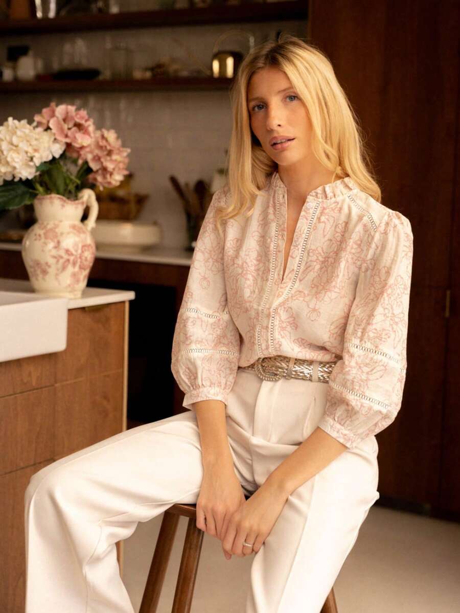 Women's Elegant Ruffle Collar Floral Print Blouse, 3/4 Sleeve, Pink, Vacation Style, Embroidered Trim Collar - Pink - View 1