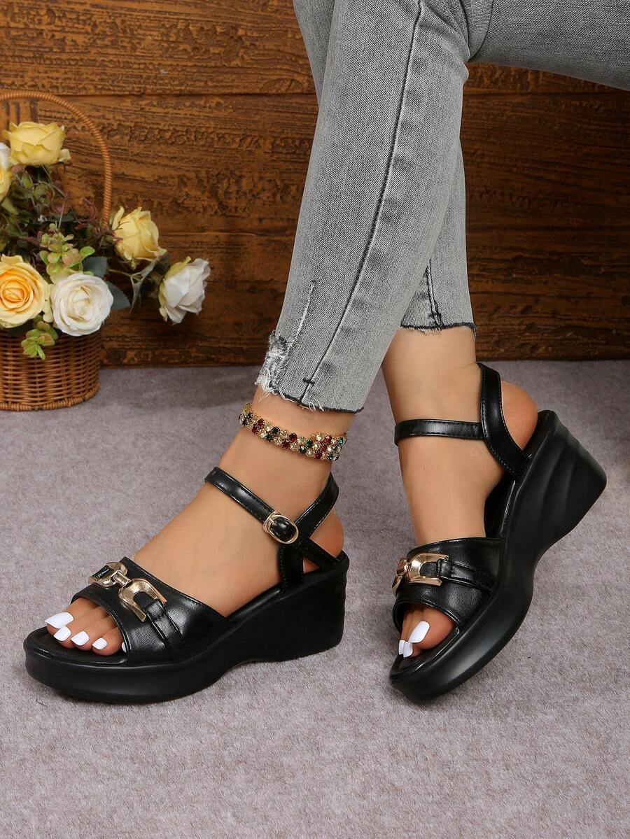 Giày sandal đế xuồng cao gót cho nữ, đế dày, kiểu dáng thời trang mùa hè mới, chống thấm nước, gót chunky, kiểu La Mã. - màu đen - Xem 1