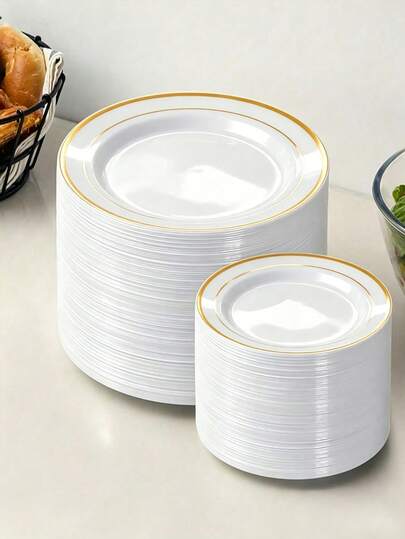 50pcs White With Gold Rim Round Party Plates/Reusable Plastic Plates, (7.5inch And 10.25inch), Suitable For Banquet And Appetizers - Perfect For Parties, Weddings, Birthdays And Catering Events (Christmas/Valentine's Day/Mother's Day), Wedding Supplies, Event Tableware, Fashionable Plates, Elegant Dinnerware, Lightweight And Durable, Suitable For Family Gatherings And Catering Services