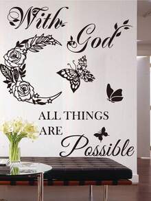 4 Styles Of Black And White Inspirational Quote Wall Stickers, With Butterfly, Rose, And Religious Memorial Options. Self-Adhesive, Waterproof, Removable PVC Material. Perfect For Decorating Bedroom And Living Room Walls. - Wall Stickers - View 3