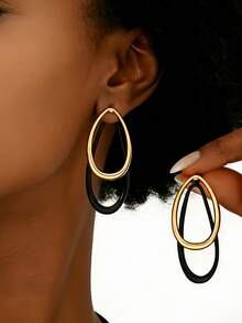1 Pair Fashionable European And American Style Double-Layer Water Drop Hoop Earrings, Unique Hollow Bicolor Design, Versatile For Work And Party - Gold - View 3
