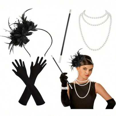 4Pcs/Set 1920s Gatsby Party Costume Elegant Feather Headpiece, Ladies Hat, Tea Party Floral Headband, Classic Derby Hat, Christmas Party Costume Accessories, Vintage Theme Event, Holiday Attire