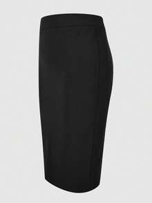 Kayi Solid Color Zipper Slit Elastic Fabric Black Pencil Skirt, Elegant Casual Office Commute Spring Summer Women's - Black - View 6