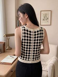 Áo gile họa tiết hình thoi phối màu xanh dương và đen cổ điển, áo dệt kim ôm dáng cổ chữ V đính sequin, kiểu dáng thường ngày cho mùa xuân. - Màu xanh lam - Xem 2