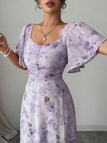 Women Chiffon Butterfly Print Batwing Sleeve Drawstring Sweet French Style Mini Dress, Summer - 綠色 - 查看 10