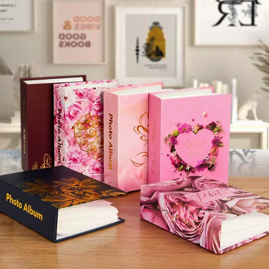 1pc - New Pink Floral 4R 6-Inch Photo Album, 100 Pages, Acid-Free Inner Pages, Foil Stamping, Family Wedding Memory Book, Romantic Rose Print Album, Hard Cover Large Capacity Photo Storage, Couple Gift - Multicolor - View 1