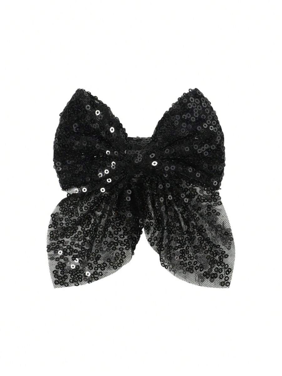 1pc Black Mesh Sequin Bow Hair Clip - Black - View 1