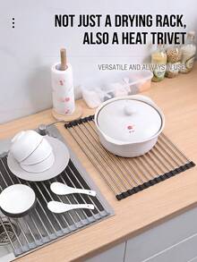 Rejilla plegable y ahorradora de espacio para secar platos sobre el fregadero, de acero inoxidable resistente al calor, de estilo minimalista moderno en color gris rectangular antideslizante, adecuada para preparación en la cocina, artículos esenciales para apartamentos, limpieza de primavera, herramientas del hogar - Multicolor - Ver 5