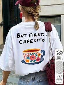 柔軟透氣棉質T恤，印有「But First Cafecito」咖啡圖案，休閒時尚，白色夏季款 - 白色 - 查看 5