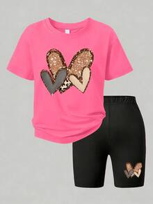 2pcs/Set Girls Heart Print Short Sleeve T-Shirt And Bike Shorts Set, Soft & Comfortable, Spring/Summer Girls Outfit - Multicolor - View 2