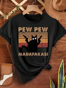 Women's Casual Round Neck T-Shirt With Original Black Cat Design - Summer - Black - View 6