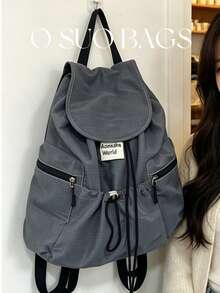 Large Capacity Fashionable Plaid Multi-Pocket Nylon Casual Backpack, Waterproof Lightweight Foldable Drawstring Patch Letter Travel Bag, Summer - Light Grey - View 7