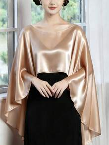 1件亮面婚禮披肩，女士禮物晚禮服披肩圍巾，柔軟伴娘披肩，抗皺短前長後，純色雪紡披肩，婚禮罩衫，不對稱披肩，多功能罩衫，適用伴娘 - 酒紅色 - 查看 13