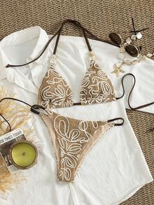 Women's Spring/Summer Jacquard Fabric Triangle Halter Bikini 2-Piece Set, Ideal For Island Vacation & Swimming - Khaki - View 2