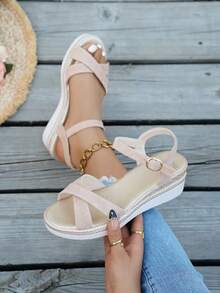 Giày sandal nữ mùa hè cổ điển đế xuồng màu vàng kim, đế dày, kiểu dáng thường ngày đi biển, thoải mái, đa năng, quai chéo bằng vải màu hồng, mũi tròn, giày sandal đế xuồng cổ điển dành cho nữ, khóa chéo thanh lịch, thoải mái để mang trong nhà. - Màu Hồng baby - Xem 7