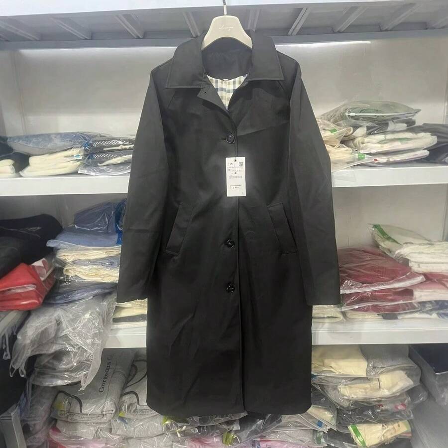 Elegant Four-Color Long Coat With Polo Collar And Single Button Closure. - 黑色 - 查看 1