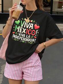 Camiseta Negra Viva Mexico Viva La Independencia Estampado con Corazones y Hojas para Fiesta Patria - Negro - Ver 1
