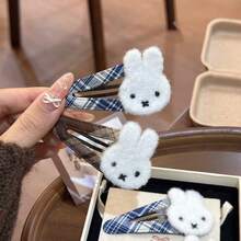MIFFY 韩版秋冬新款兔子格子BB夹可爱毛绒刺绣刘海侧夹发饰，日系可爱风，蓝棕格子配色，3D蓬松米菲兔头，美观柔软的毛绒和布料材质，金属夹子牢固固定 - 彩色 - 查看 7