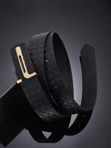 1pc Letter T-Shape Buckle Woven Texture PU Decorative Women's Fashion Faux Leather Belt, Metal Pin Buckle - Fashion Designer Belt, Casual Accessory | Stylish Belt | Exquisite Craftsmanship, Suitable For Summer, Campus Casual, Business Occasions, Gift For Boyfriend, Husband, Father, Men, Daily Wear, Fashionable, Teenagers, Outdoor - Black - View 2