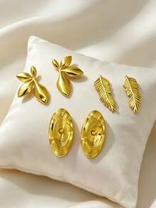 6 Pcs/1 Set Ladies' Gold Declaration Earrings, A Set Of Thick And Unique Gold Jewelry, Including Asymmetrical Elliptical Stripe Texture, Leaf Earrings And Flower Earrings, Summer Fashionable And Simple Jewelry - 18K Gold-Coated Non-Staining Stainless Steel Earrings (Without Nickel, Lightweight And Low Allergenicity) - Gold Suit - View 7