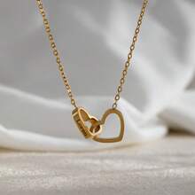 Personalized Engraved Double Button Heart Necklace, Bracelet, Custom Name Double Heart Bracelet, Necklace For Women, Valentine's Day Gift Necklace Bracelet Set, Mother's Day Gift, Summer Jewelry, Fashionable Stainless Steel Jewelry, Custom Name Date Necklace Bracelet For Mothers, Grandmothers - Gold - View 12
