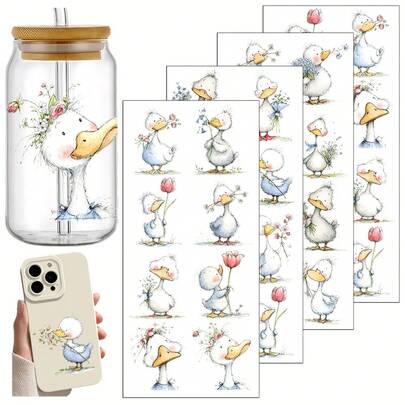 4 Stück Aquarell Enten UV-Transfer geeignet für DIY Basteleien, Tassen, Laptops & Wasserflaschen - selbstklebender Kunststoff mit Enten Mustern, langanhaltend geeignet für Thermotassen, Laptop Dekoration, Feiertagsbasteleien, Festliche Designs